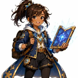 Aria, a young adventurer holding a glowing spellbook
