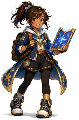 Aria, a young adventurer holding a glowing spellbook
