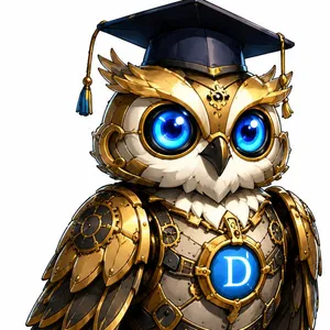 Digit, a brass clockwork owl in a tiny mortarboard
