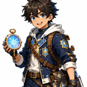Kael, a young adventurer holding a glowing star-compass