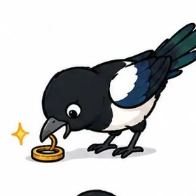 Magnus the Magpie pecking at a shiny gold coin