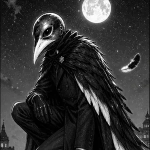 The Magpie, a masked thief in a feathered cloak under a full moon