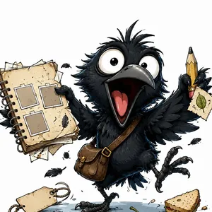 Nib, a scruffy black crow with his beak open, waving a notebook