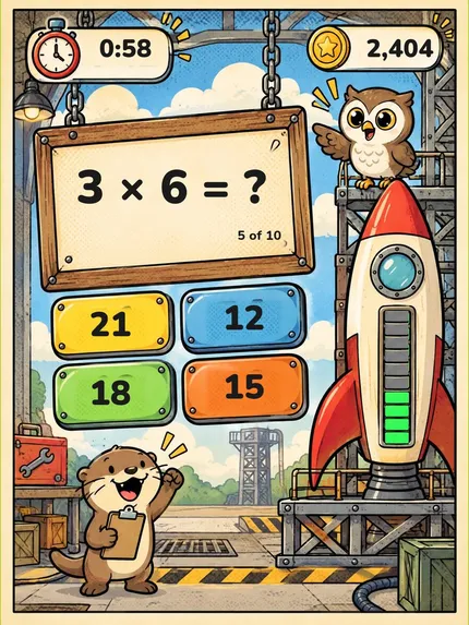 Mathique app: the Rocket Drill asking 3 × 6 with four answer buttons and a rocket fuel gauge half full