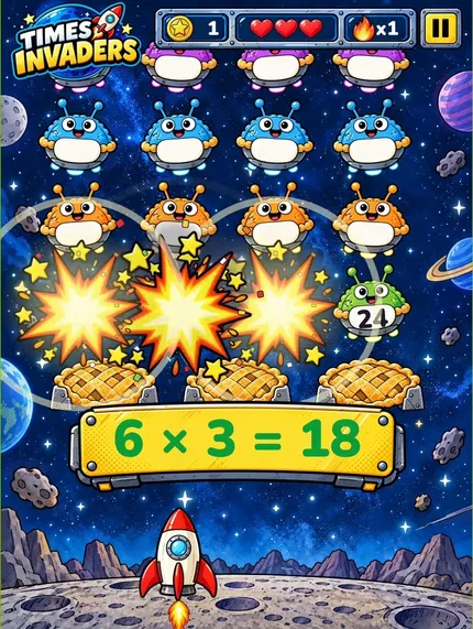 Mathique app: Times Invaders, a row of aliens exploding after the correct answer 18 was chosen for 6 × 3