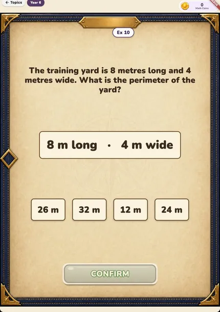 Mathique app: a Year 6 challenge asking for the perimeter of a training yard