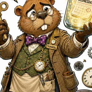 Mr Tickwell, a beaver in tweed holding a brass winding key and a jar labelled Wednesday