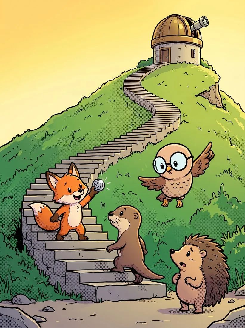 Year 3 comic art: woodland animals climbing a hill towards an observatory