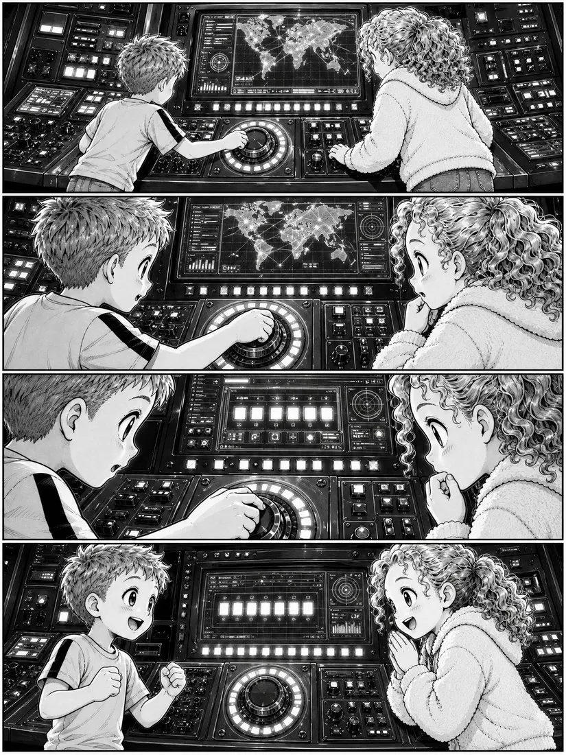 Year 5 manga art: two young spies working a wall of consoles